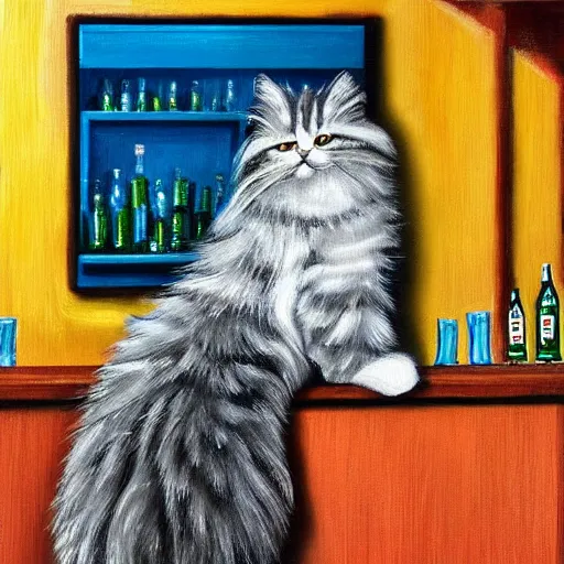 Image similar to of a british longhair cat sitting at the bar next to a beer, cinematic. intricately detailed acrylic painting