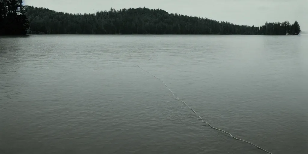 Prompt: centered photograph of a single line of thick long rope floating on the surface stretching out to the center of the lake, a dark lake sandy shore on a cloudy day, color film, trees in the background, hyper - detailed kodak color film photo, anamorphic lens