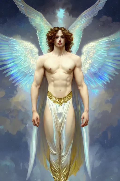 Prompt: fullbody portrait of a beautiful young fit male angel with curly blond hairs, dressed in long fluent clothes, majestic symmetrical big eagle wings, luminous halo, by greg rutkowski and alphonse mucha, gradient white to gold, in front of an iridescent background, highly detailed portrait, digital painting, artstation, concept art, smooth, sharp focus illustration