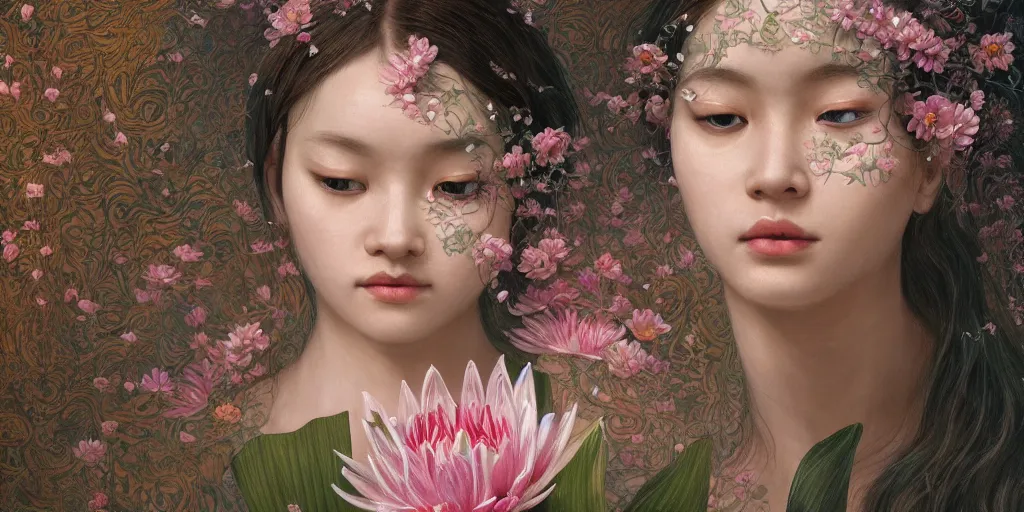 Image similar to breathtaking detailed concept art painting of the goddess of water lily flowers, orthodox saint, with anxious, piercing eyes, ornate background, amalgamation of leaves and flowers, by Hsiao-Ron Cheng, extremely moody lighting, 8K