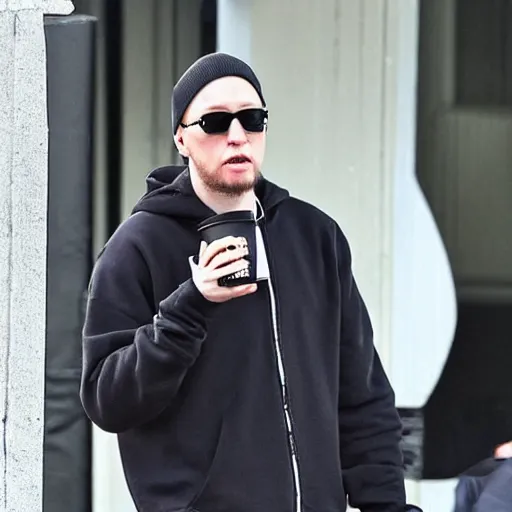 Prompt: eminem sipping coffee