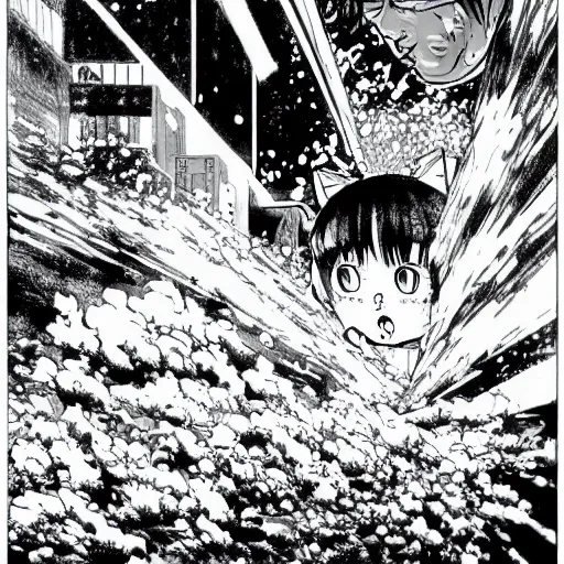 Image similar to tabby cat in a widescreen snowstorm katsuhiro otomo highly detailed black & white 1 0 2 4 x 1 0 2 4