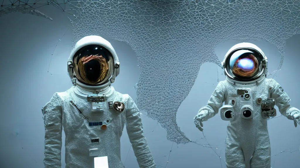 Image similar to a cybernetic symbiosis of a single astronaut eva suit with diamond 3d fractal lace iridescent bubble 3d skin covered with insectoid compound eye camera lenses floats through the living room, film still from the movie directed by Denis Villeneuve with art direction by Salvador Dalí, wide lens,