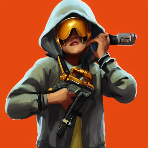 Image similar to baby Angel, baby cherub,wearing angel halo, ski mask, balaclava, face covered, wearing angel halo covered face, orange hoodie, hip hop, multiple golden necklaces, fantasy art apex fortnite Video game icon, 2d game art gta5 cover , official fanart behance hd artstation by Jesper Ejsing, by RHADS, Makoto Shinkai and Lois van baarle, ilya kuvshinov, rossdraws