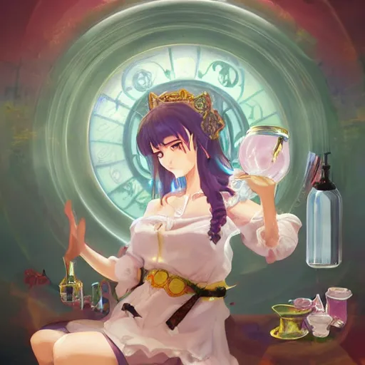 Image similar to portrait of nice, enchanting alchemist potion maker, anime fantasy illustration by tomoyuki yamasaki, kyoto studio, madhouse, ufotable, trending on artstation