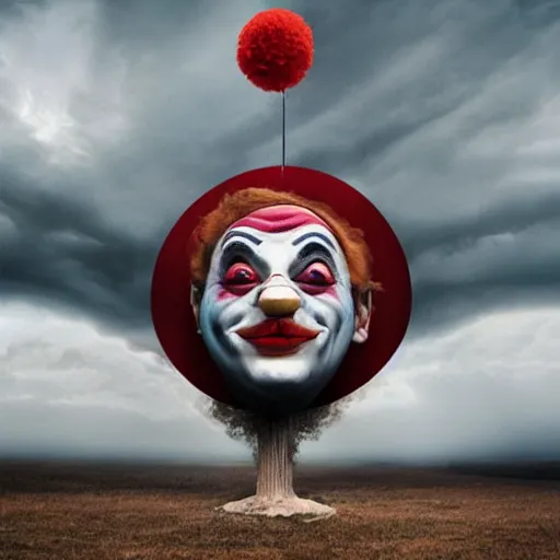 Prompt: a surreal and fantastic vision of the end of the world, dreamed by a sad clown