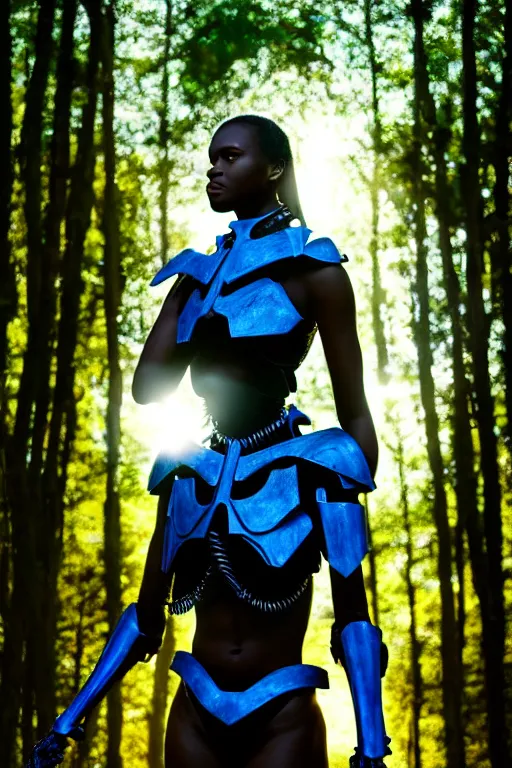 Image similar to hyperrealistic mithra goregous black woman exoskeleton bone armor in a forest sun behind her concept art eric zener elson peter cinematic blue light low angle hd 8k sharp shallow depth of field