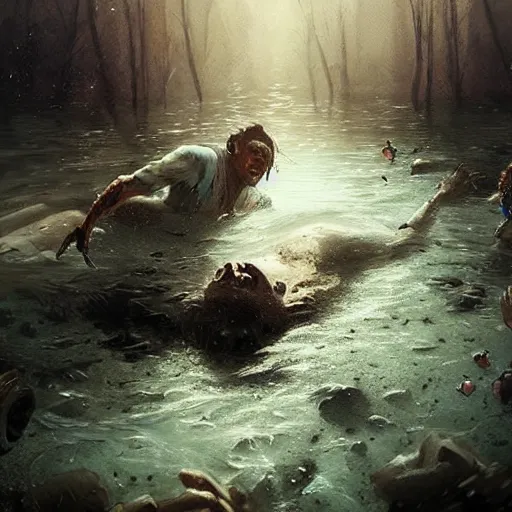 Prompt: a man fainted underwater in a zombie apocalypse by greg rutkowski