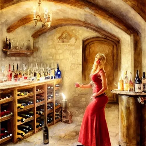 Image similar to beautiful blonde in hot dress in a wine cellar, food, pork, beer, schnapps, rustic, traditional, torches on the wall, watercolor by vladimir volegov, highly detailed, masterpiece, details by carl larsson