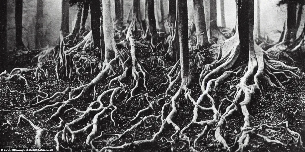Prompt: 1 9 2 0 s photography of occult humanlike root creatures creeping and lurking in dark forest in the dolomites