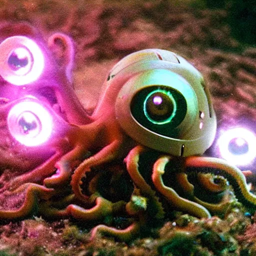 Image similar to a robot cyborg octopus, half octopus half machine, glowing eyes, underwater, murky, dark, ominous, film still, arriflex 3 5