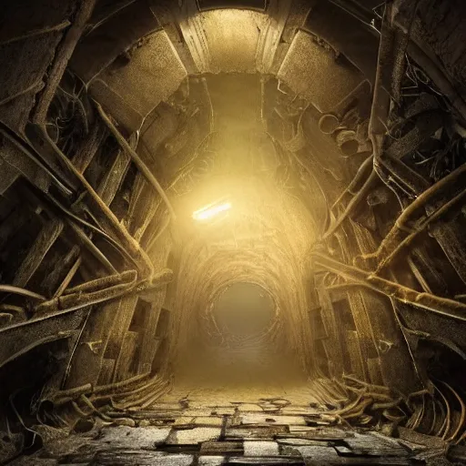 Image similar to tunnel full of monsters, epic, hyperrealistic photograph of the edge of time, dim volumetric lighting, 8 k, octane beautifully detailed render, extremely hyper detailed, intricate, epic composition, cinematic lighting, masterpiece, trending on artstation, very very detailed, stunning, hdr, smooth, sharp focus, high resolution, award, winning photo, dslr, 5 0 mm