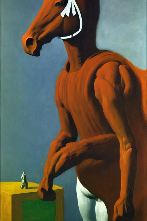 Image similar to man in horse costume, horse in costume astronaut, hauntingly surreal, highly detailed painting by francis bacon, edward hopper, adrian ghenie, gerhard richter, and james jean soft light 4 k,