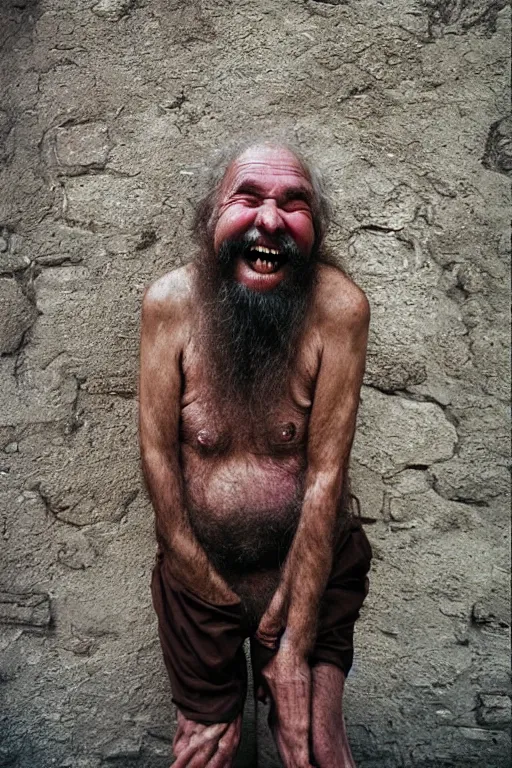 Prompt: a old laughing happy old man with female long hair, long beard, female body, by steve mccurry