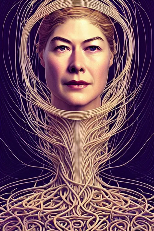 Image similar to young rosamund pike portrait as the flying spaghetti monster god, art deco, fantasy, intricate art deco designs, elegant, highly detailed fractals, sharp focus, art by artgerm and beeple and greg rutkowski and wlop