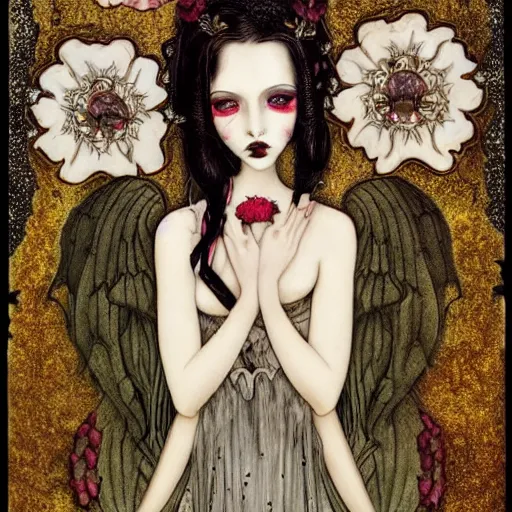 Prompt: a sensual serious gothic vampiress with decaying flowers and a quirky smile, pale with small mouth but exhuberant lips, round beautiful face shape and big expressive eyes in a mixed style by benjamin lacombe, tim burton and gustav klimt