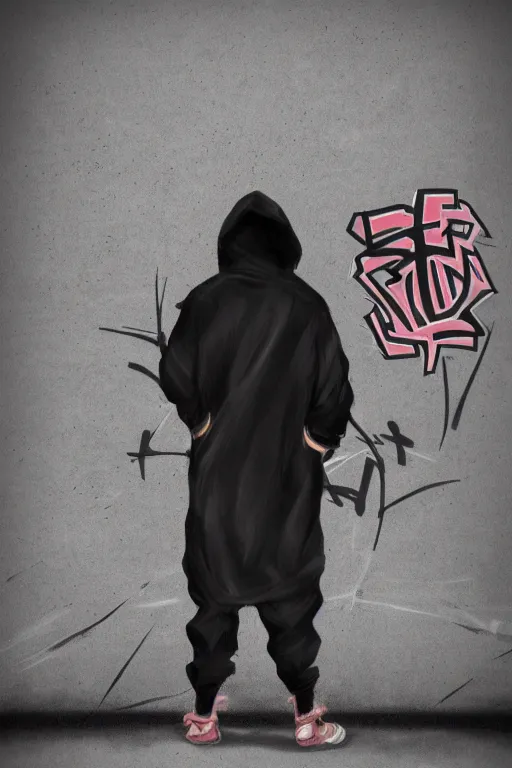 Image similar to anime young guy wearing black hoodie leaning against a wall with japanese graffiti, wlop, concept art, digital painting, trending on artstation, highly detailed, epic composition, 8 k uhd