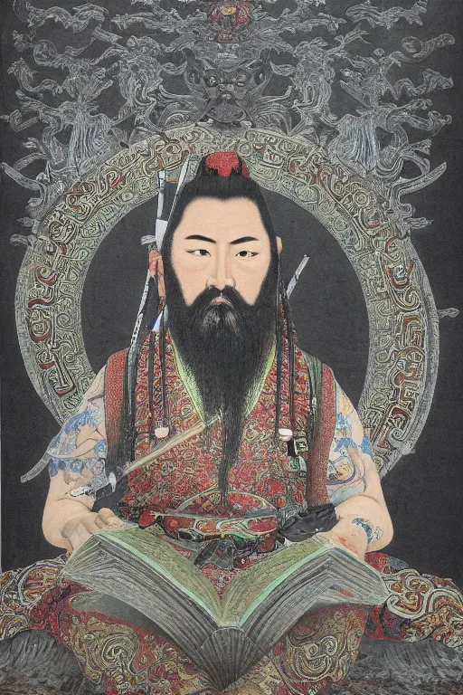 Prompt: A hyper realistic full body portrait of majestic guan yu sits and read a book, defined features, by gu kaizhi, wu daozi, 8k, HD, gigapixel, portrait art, symmetrical composition, realistic proportions, ink and colored pigments on silk, sharpness applied, hyperrealism