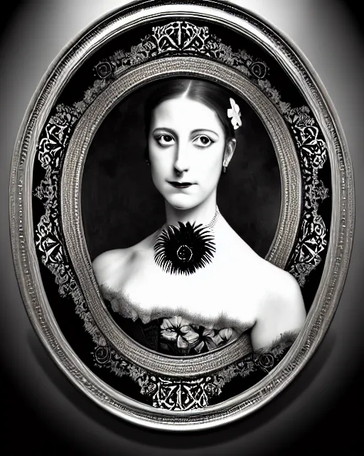 Prompt: black and white masterpiece profile portrait painting, dutch masters, silver lace floral steampunk biomechanical beautiful one techno eye young female cyborg, big monocular, volumetric light, leaves foliage and stems, hibiscus flowers, by dora maar, rim light, big gothic fashion pearl embroidered collar, 8 k