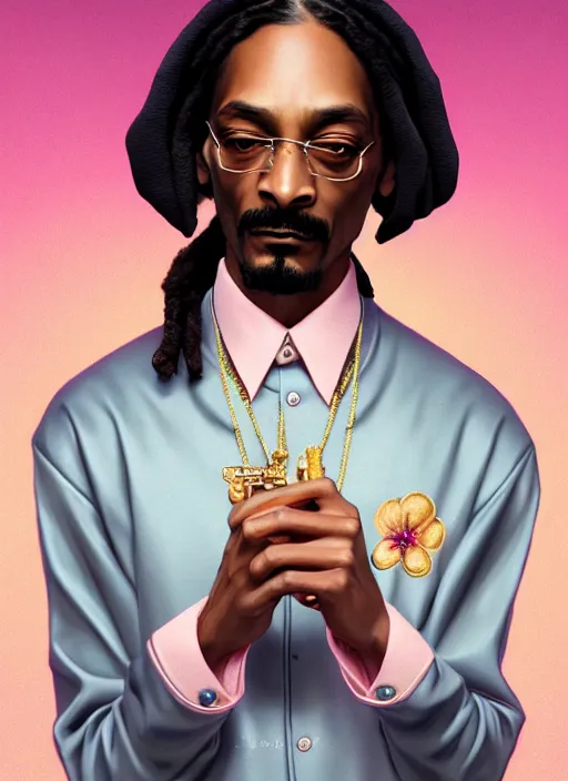 Image similar to dreamlike luxury snoop dogg portrait, pale pink and gold kimono, art by artgerm, wlop, loish, ilya kuvshinov, 8 k realistic, hyperdetailed, beautiful lighting, detailed background, depth of field, symmetrical face, frostbite 3 engine, cryengine,