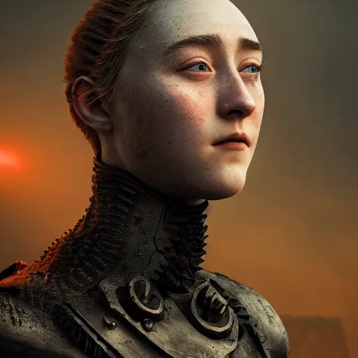 Image similar to saoirse ronan portrait, dystopia core, apocalyptic, armor, warrior, dramatic, sharp focus, fiction, neon, fantasy, hyper detailed, digital art, trending in artstation, cinematic lighting, studio quality, smooth render, unreal engine 5 rendered, octane rendered, art style and nixeu and wlop and krenz cushart