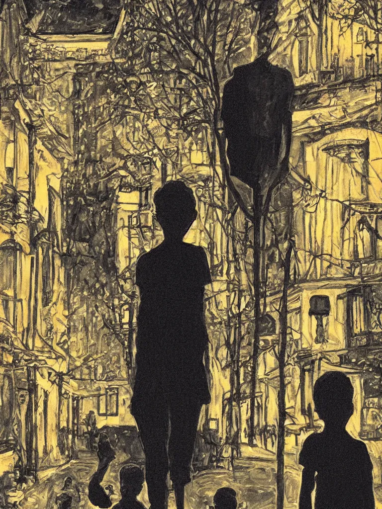 Image similar to backlit portrait of 2 kids posing at night, by alice neel, high definition, intricate details, atmospheric, town square, vegetation, small town