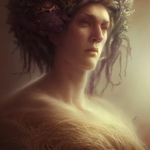 Image similar to by artgerm and agostino arrivabene, visually stunning, cinematic, ultra realistic, hyper realism, epic, octane render, unreal engine, vfx, a old druid preparing potion, fungal enchanter, murloc tinyfin, dread infernal, wee whelp, battle ram