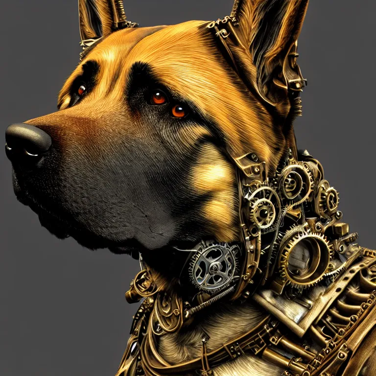 Image similar to steampunk cybernetic biomechanical german shepard, front facing, symmetric, 3 d model, very coherent symmetrical artwork, unreal engine realistic render, 8 k, micro detail, intricate, elegant, highly detailed, centered, digital painting, artstation, smooth, sharp focus, illustration, artgerm, tomasz alen kopera, wlop