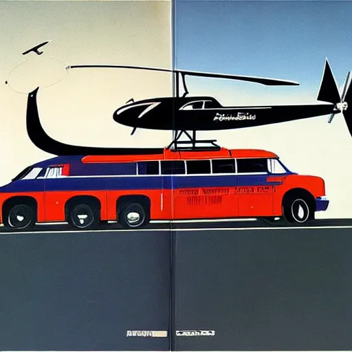 Image similar to concept art for bus + helicopter, painted by syd mead, high quality