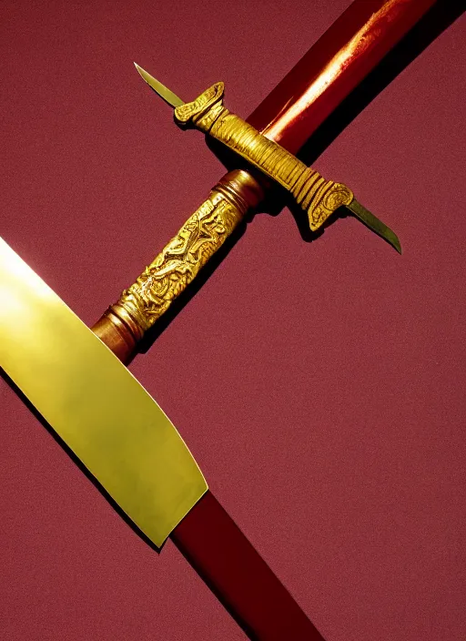 Image similar to 500mm photo of a dark red liquid blade sword with a golden handle, museum exhibit