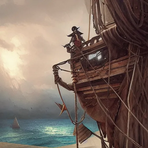 Image similar to pirate on ship's crow nest watching for a land ,hyperdetailed,hyperrealistic,photorealistic,art by trevor henderson,greg rutkowski,artstation,deviantart,professional lighting,western comic style,sharp lineart,eerie,cg society