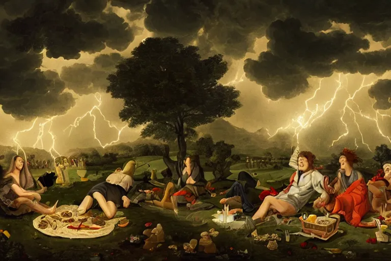 Image similar to a detailed illustration of a god ruining a picnic in the park, nightmare in the park, small crowd of people, calamity, dark storms with lightning, 8 k, in a baroque style