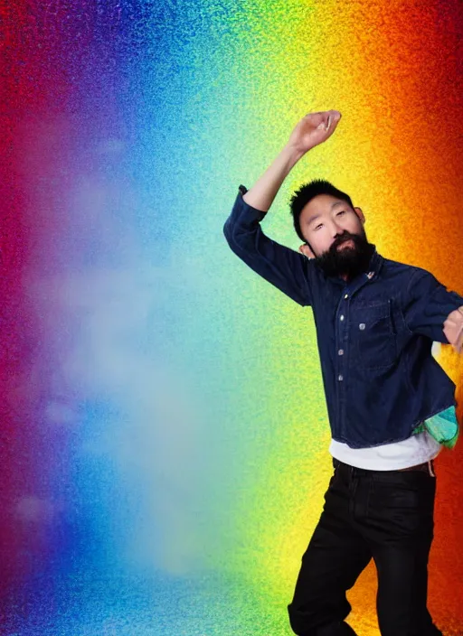 Image similar to japanese man with short hair and a beard wearing short denim and leather clothes dancing next to a rainbow, full body portrait, dynamic lighting