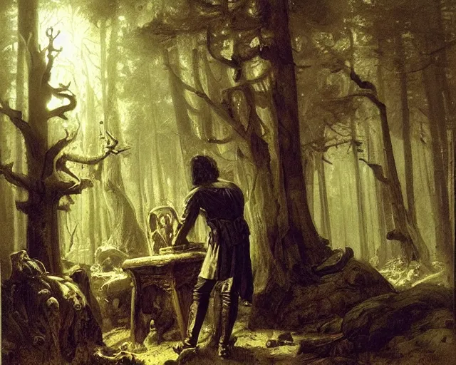 Prompt: portrait of a lovecraftian cultist next to an occult altar in a forest by andreas achenbach