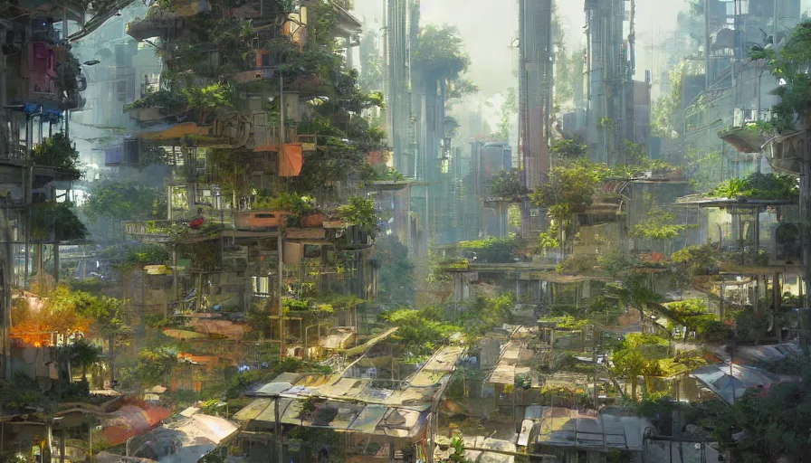 Image similar to craig mullins and ghibli digital illustration organized solarpunk tall vertical farms, scifi hydroponics, colorful, unreal engine, hyper realism, realistic shading, cinematic composition, realistic render, octane render, detailed textures, photorealistic, wide shot