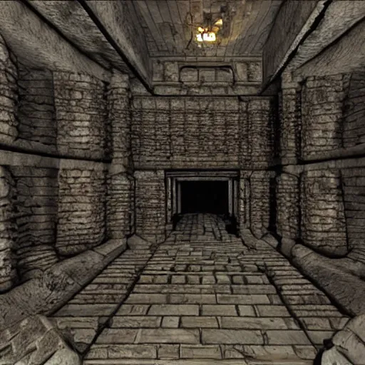 Prompt: a large vault on the 3 rd level of the dark hive of horror. a ruined siege weapon sits in the east side of the room.