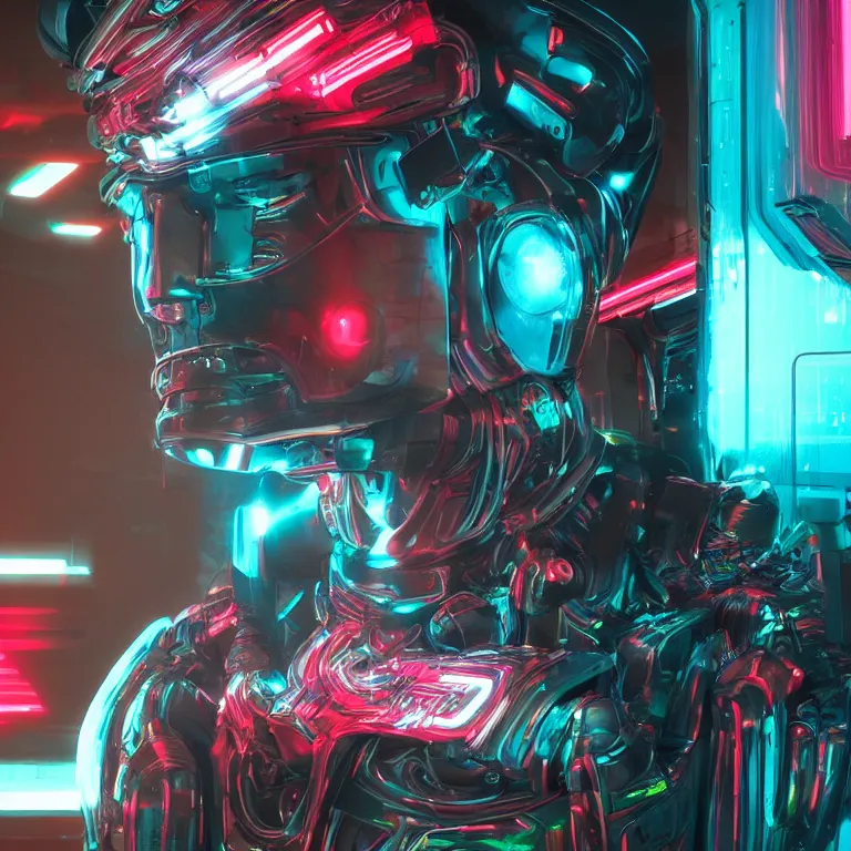 Prompt: high octane 4K 3D render of a smooth simple high-tech cyberpunk humanoid futuristic sci-fi robot, neon lights, metallic, in the style of Daniel Dociu, dramatic lighting, vibrant colors, Trending on Artstation HQ, 4K, UHD, High quality, Unreal Engine