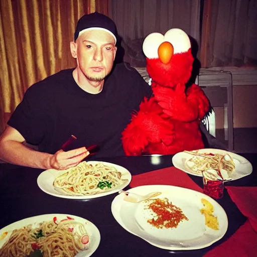 Prompt: Eminem having a romantic spaghetti dinner with Elmo