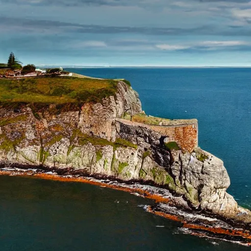 Prompt: nature, shoreline, water, sea, ocean, outdoors, land promontory, scenery, landscape, coast, art, painting, weather, housing, building, architecture, cottage, house, cliff, castle