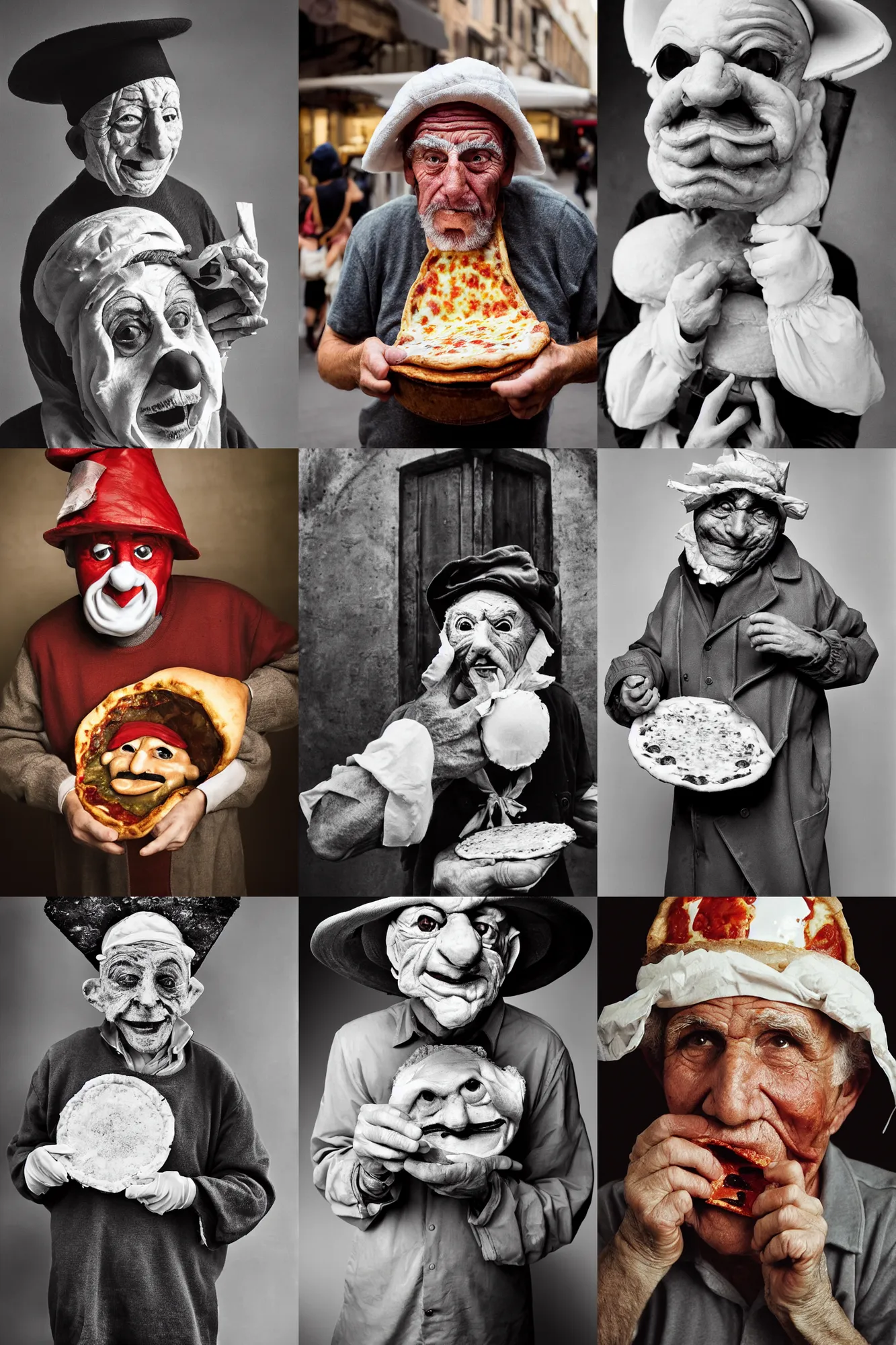 Prompt: close - up portrait of a wrinkled old man wearing a pulcinella mask holding up a pizza!! to behold, clear eyes looking into camera, baggy clothing and hat, masterpiece photo by peter lindbergh