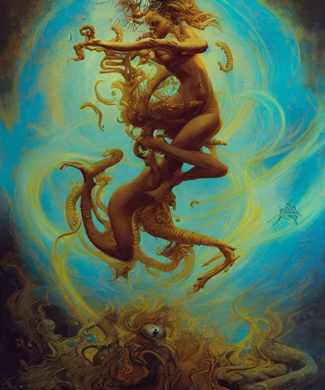 Image similar to blue shiva with dancing, glowing fiery background, in the style of peter mohrbacher, wayne barlowe, gustav moreau, bussiere, roberto ferri, santiago caruso, luis ricardo falero, austin osman spare, colorful