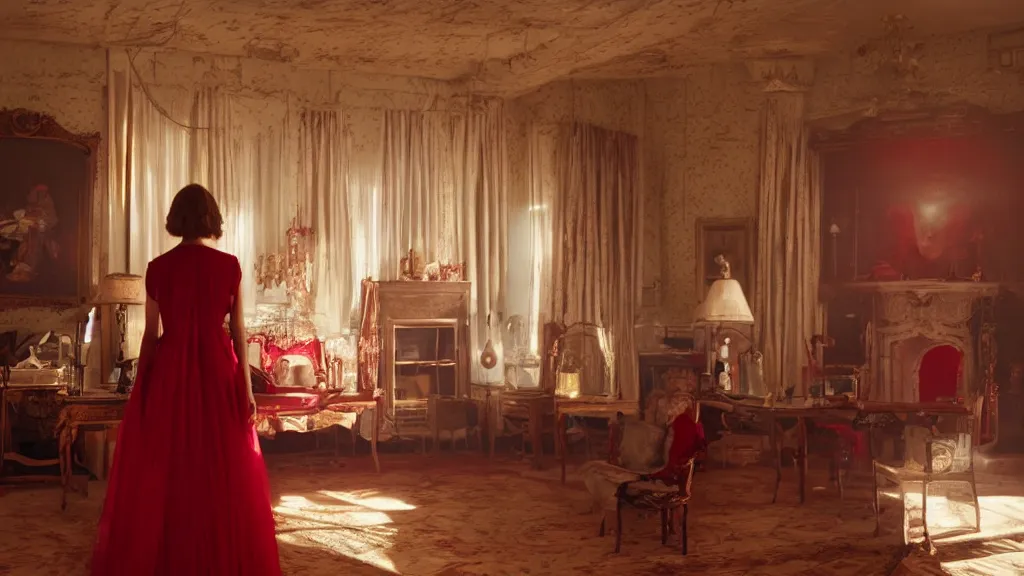 Image similar to a woman made of rubies stands in the living room, film still from the movie directed by Denis Villeneuve with art direction, wide lens, 4K, realistic