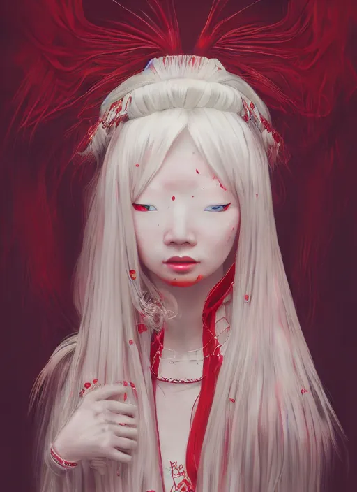 Prompt: albino maiko with very long kawaii hair, fluent composition, red and white neon, concept art, ambient light, 4 k, intricate details, highly professionally detailed, cgsociety, highly detailed -