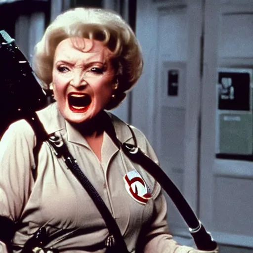 Image similar to stunning awe inspiring betty white as a ghostbuster in the movie ghostbusters, movie still 8 k hdr atmospheric lighting