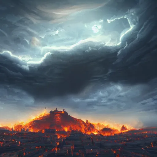 Image similar to an ancient city on fire, firestorm, a black sphere void in the center of the sky, stormy clouds, wide perspective, low perspective, burning village, highly detailed digital art, cinematic, dark moody colors, hyper realism, oil on canvas, trending on Artstation, octane render