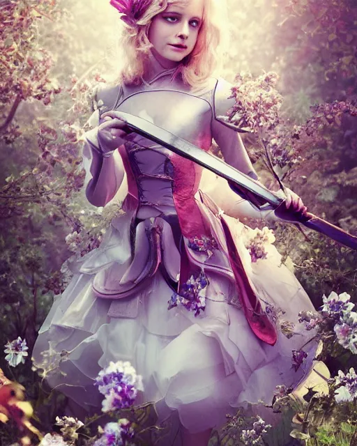 Image similar to Alice in wonderland as Malenia Blade of Miquella, Elden ring aesthetic, blond hair, wearing armor, falling hearts, flowers, artgerm, WLOP, Ross Tran