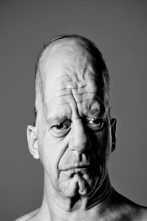 Image similar to studio portrait of man, 4 0 years, homer simpson lookalike, looks like a real life version of homer simpson, as if looking at a cartoon character, soft light, black background, fine skin details, close shot, award winning photo by arnold newman