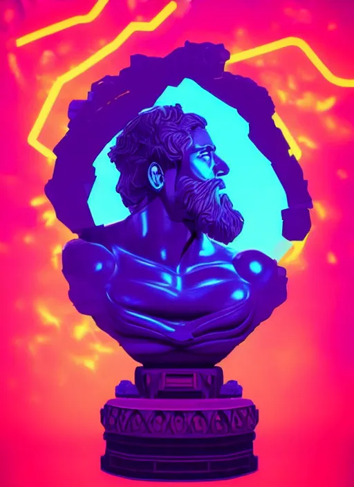 Image similar to bust of hercules, beeple, james gilleard, vaporwave, retrowave, black background, neon wiring, black, glitch, strong contrast, cuts, pinterest, trending on artstation