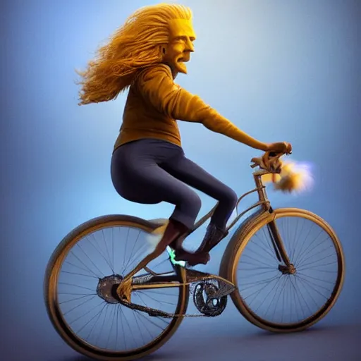 Image similar to Hyper realistic portrait of Joe Biden riding a bicycle made of wonderfully fragrant long flowing hair with Lisa Simpson sitting on the handlebars, Cinematic lighting, ultra super good realistic 3D render by Gerald Brom and James Jean, Trending on Artstation, I can't believe how detailed this is, 8k, post processing, sharp focus.