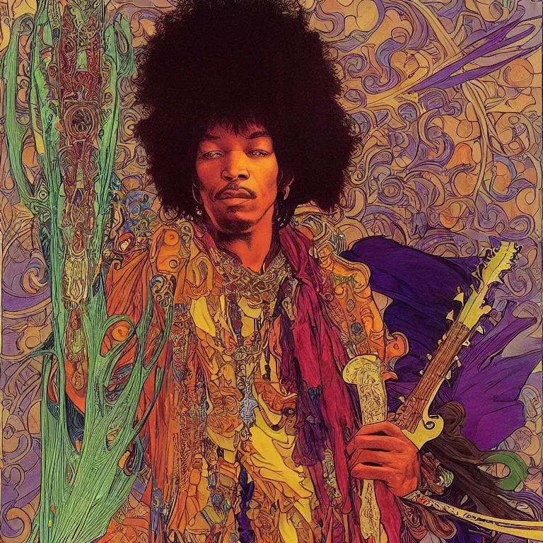 Image similar to colorfull artwork by Franklin Booth and Alphonse Mucha and Moebius showing a portrait of Jimi Hendrix as a futuristic space shaman